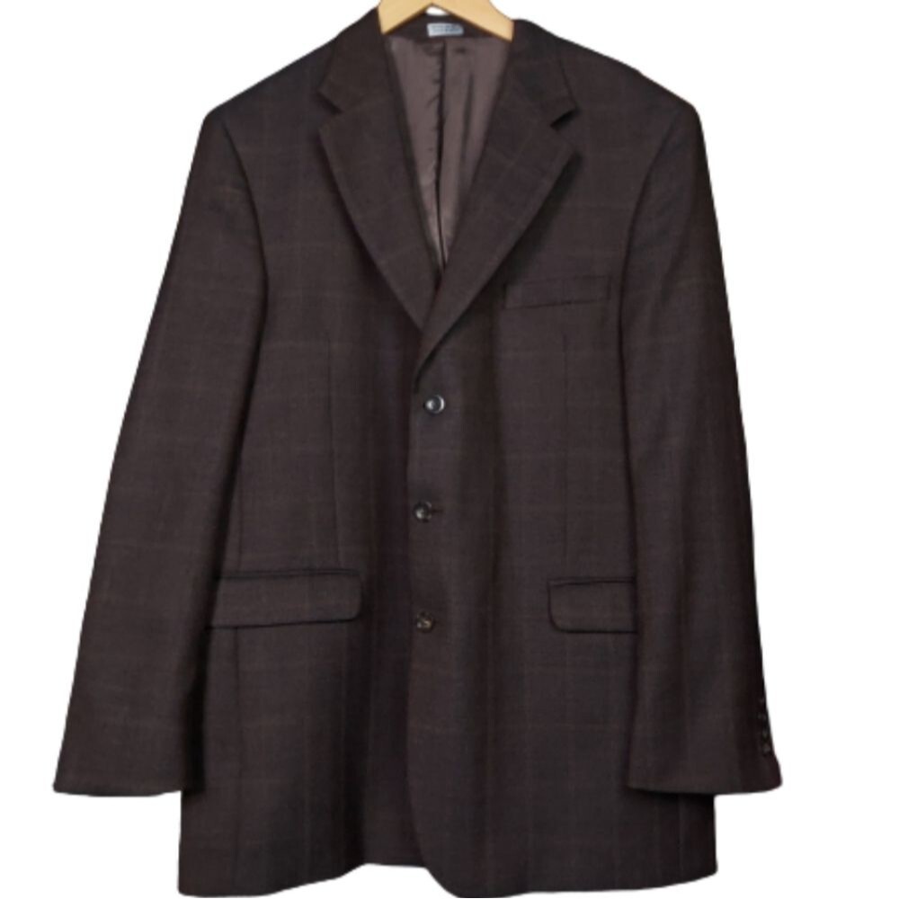 Stafford Plaid Wool Cashmere 3 Button Blazer - Picture 1 of 11